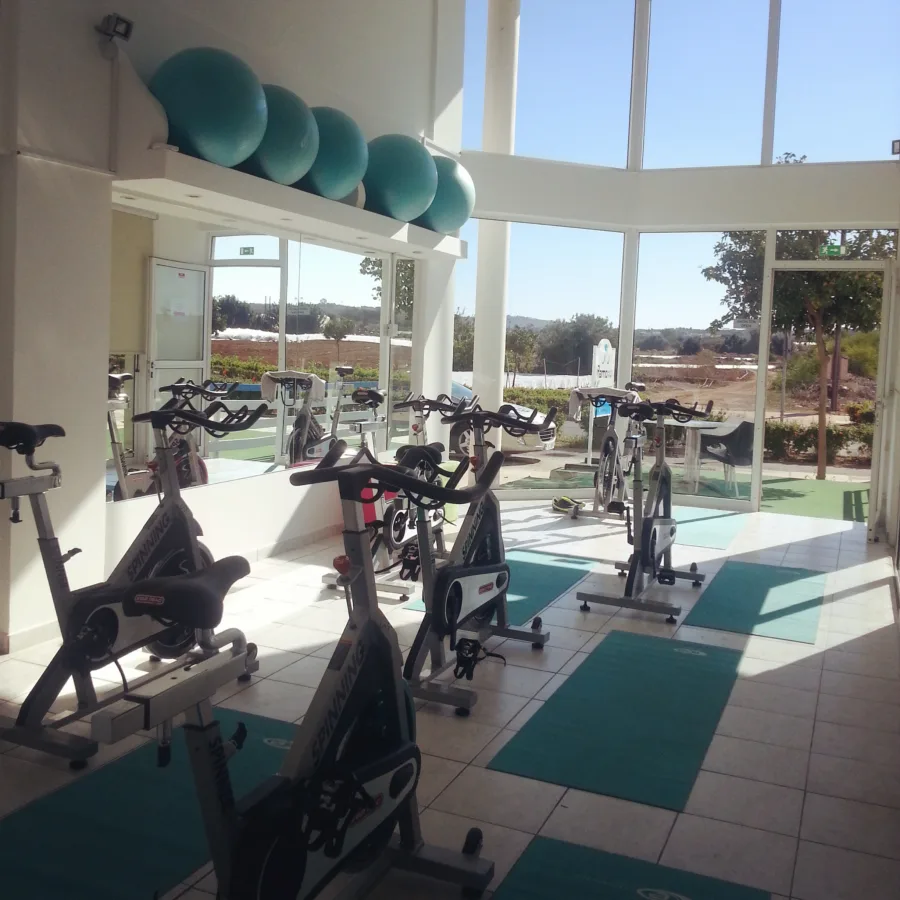 A training room lined with stationary bikes and exercise balls