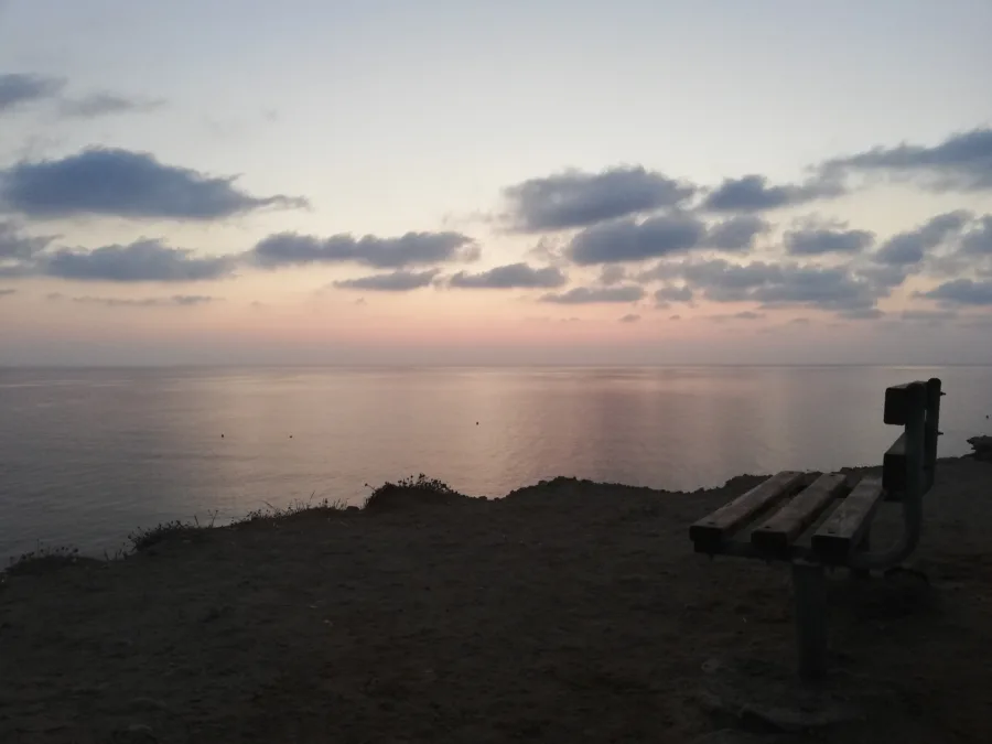 An empty bench on a headland above a calm sea at dawn