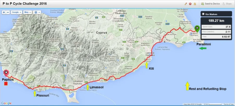 A route map of the P to P Cycle Challenge along the south coast of Cyprus